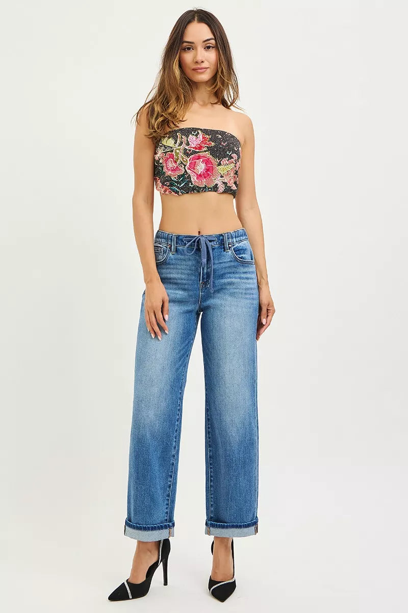 RISEN womens elastic band boyfriend jeans styled outfit