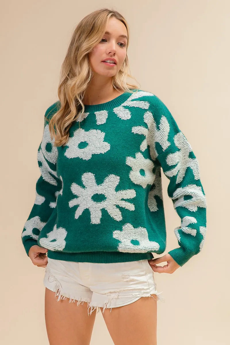Floral Pattern Long Sleeve Sweater Top in Hunter Green back view
