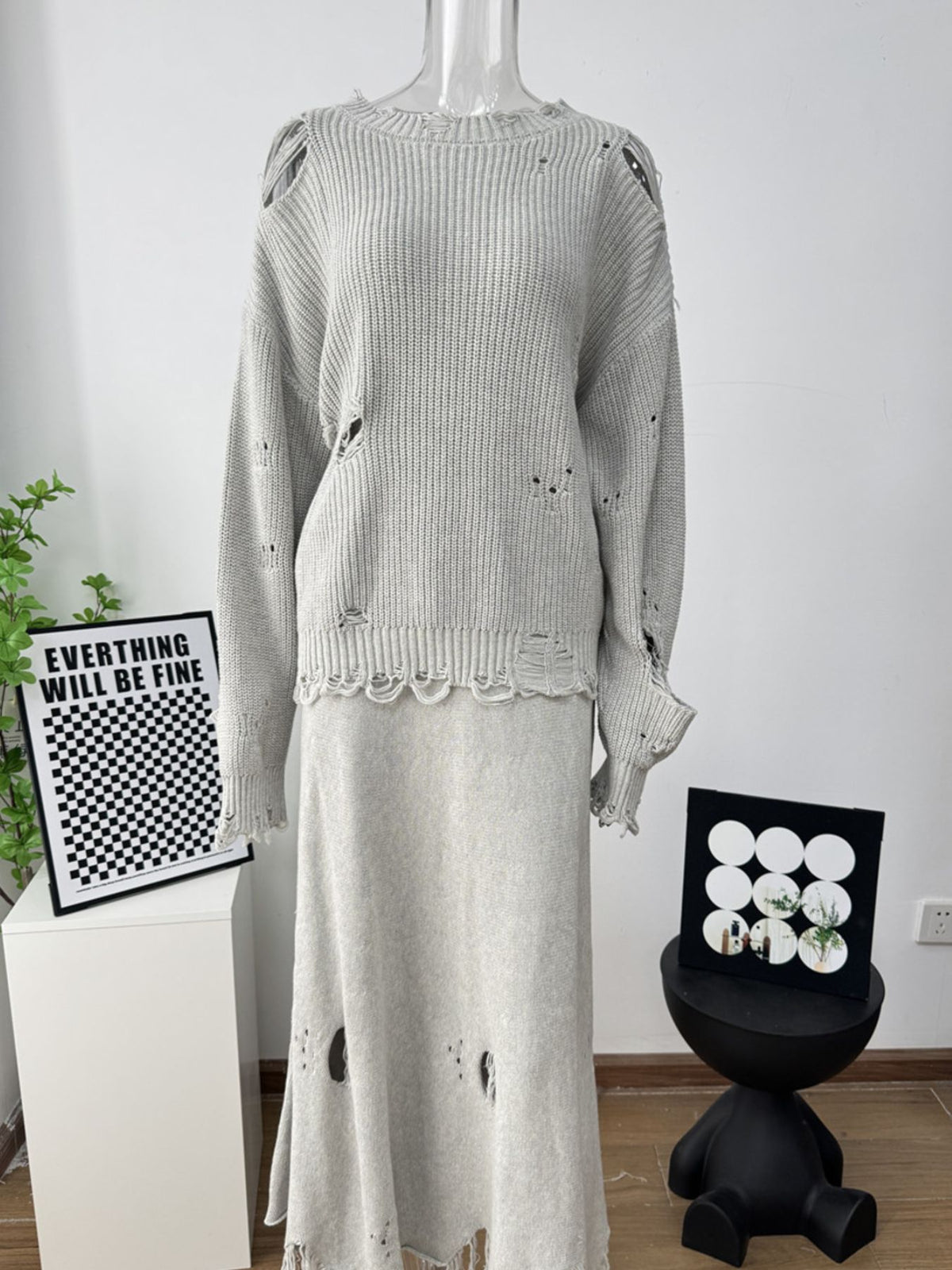 Distressed Sweater and Skirt Two Piece Set, view 20