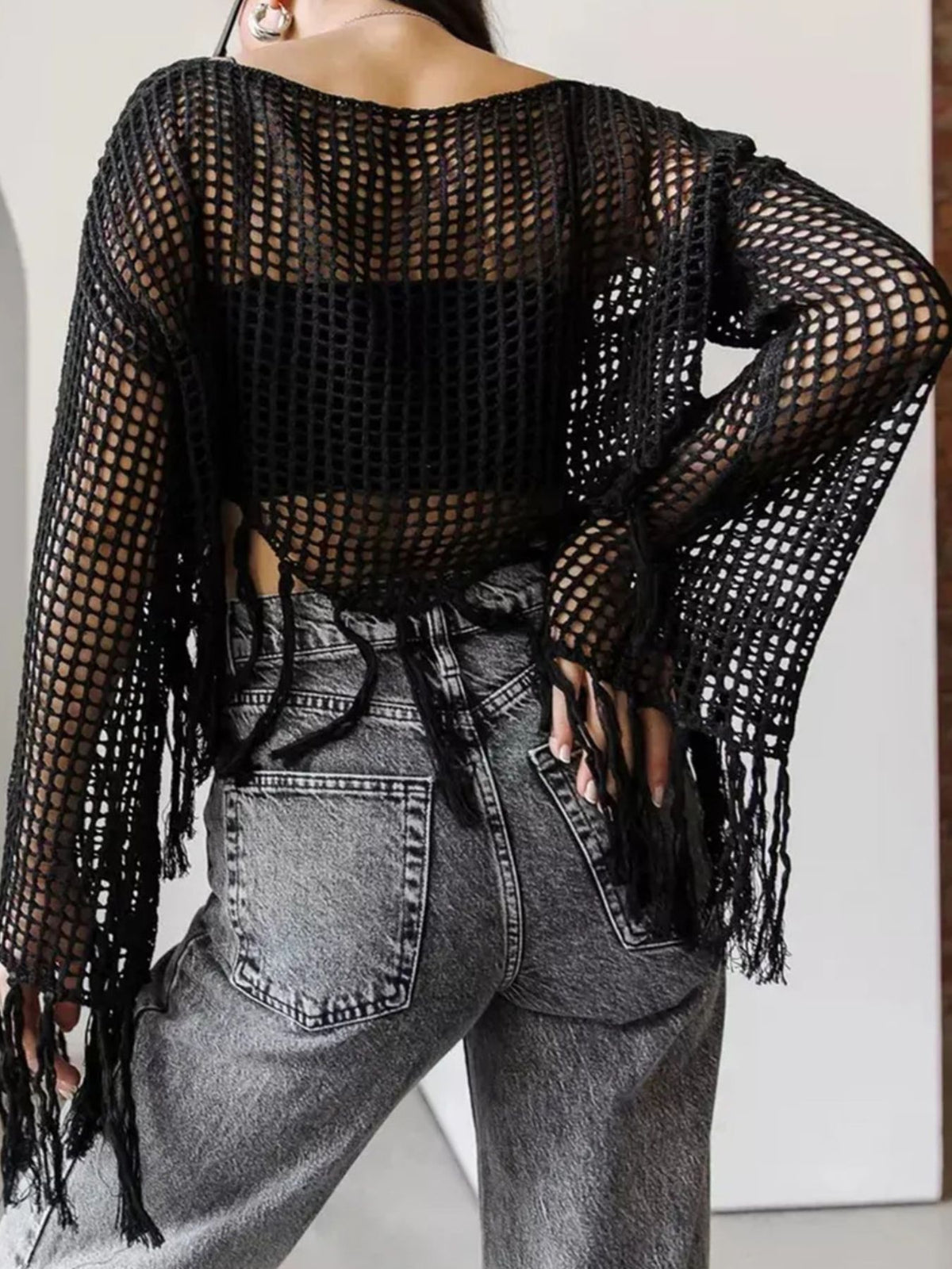 Womens swimwear black fringe crochet cover up