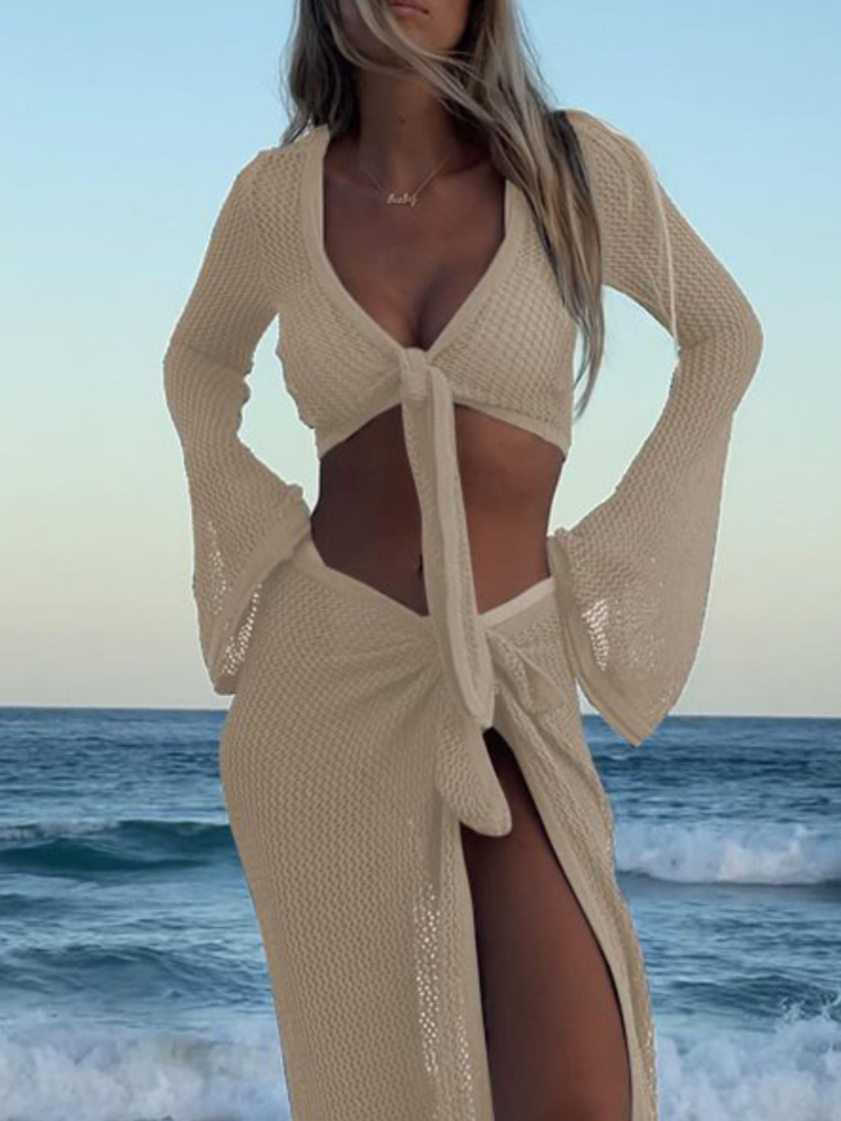 Crochet Knit Crop Top and Slit Skirt Set, view 5
