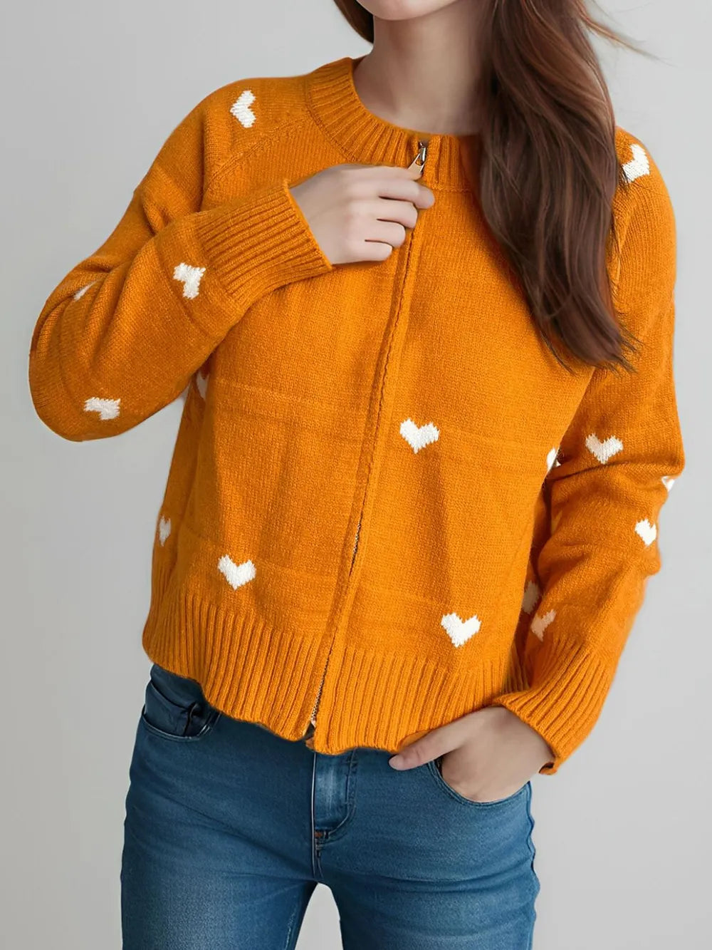 Heart Round Neck Zip Up Cardigan - Fashorio