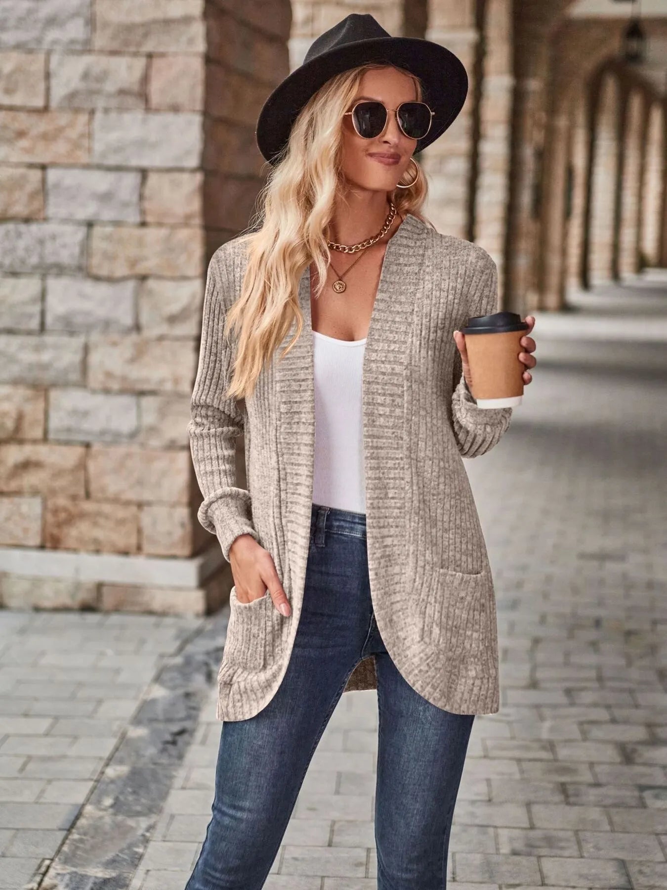 Ribbed Open Front Long Cardigan with Pockets - Fashorio