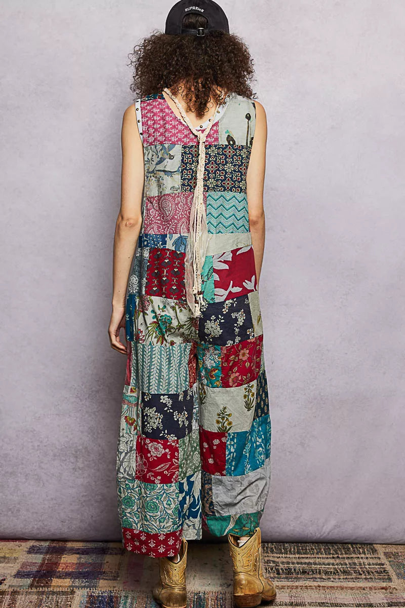Sage patchwork wide leg jumpsuit back view