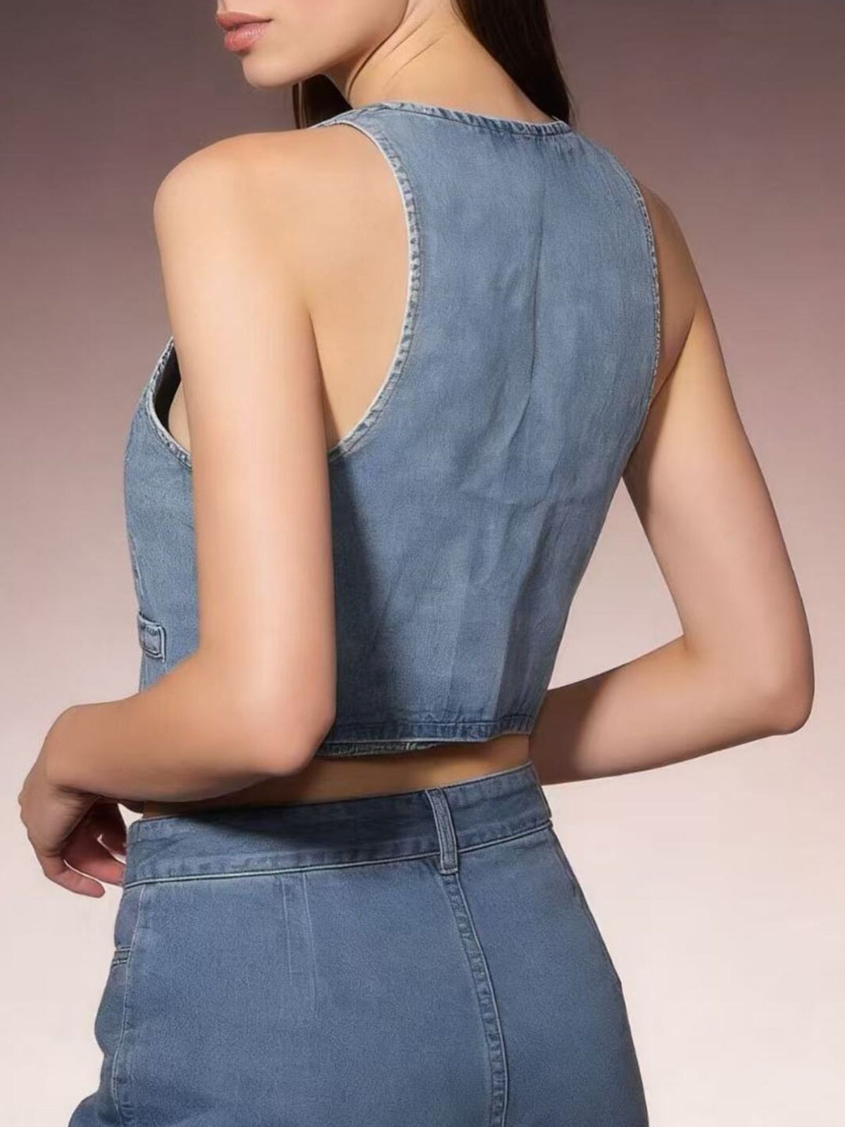 Button Down Denim Vest in Light Blue view 7