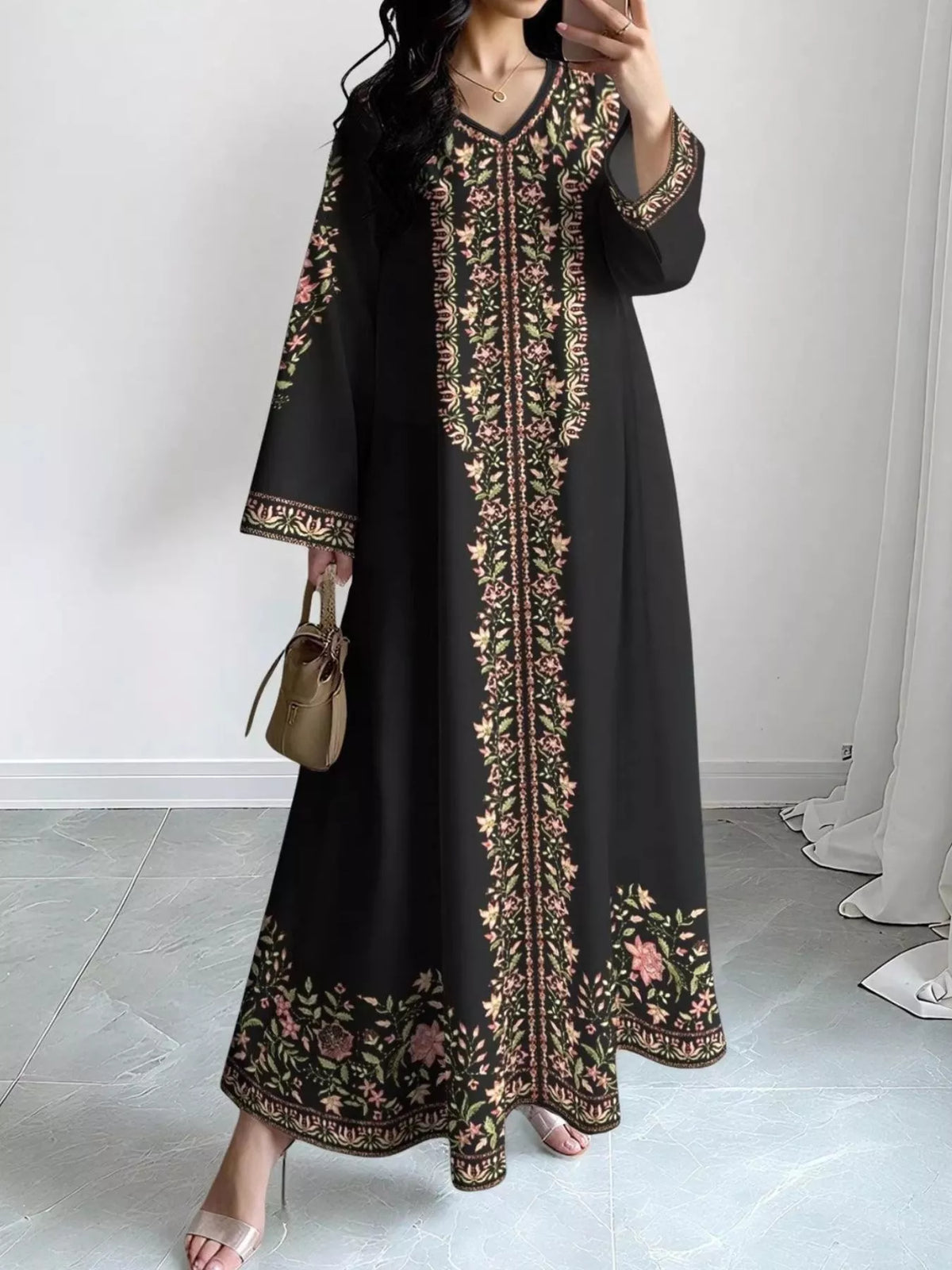 floral long sleeve maxi dress styled look