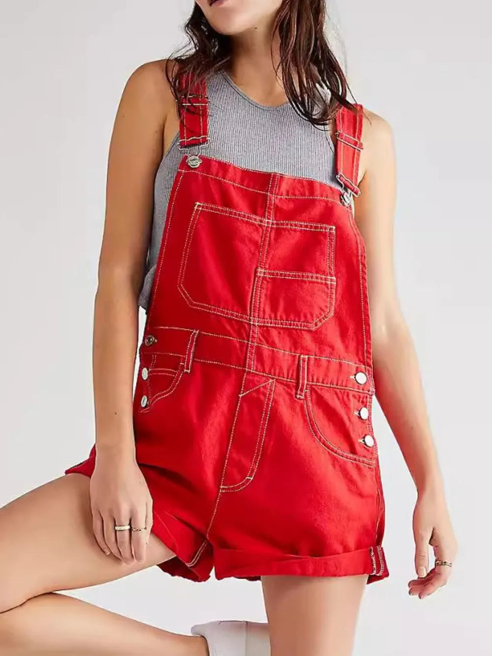 Red square neck denim overalls front view on model
