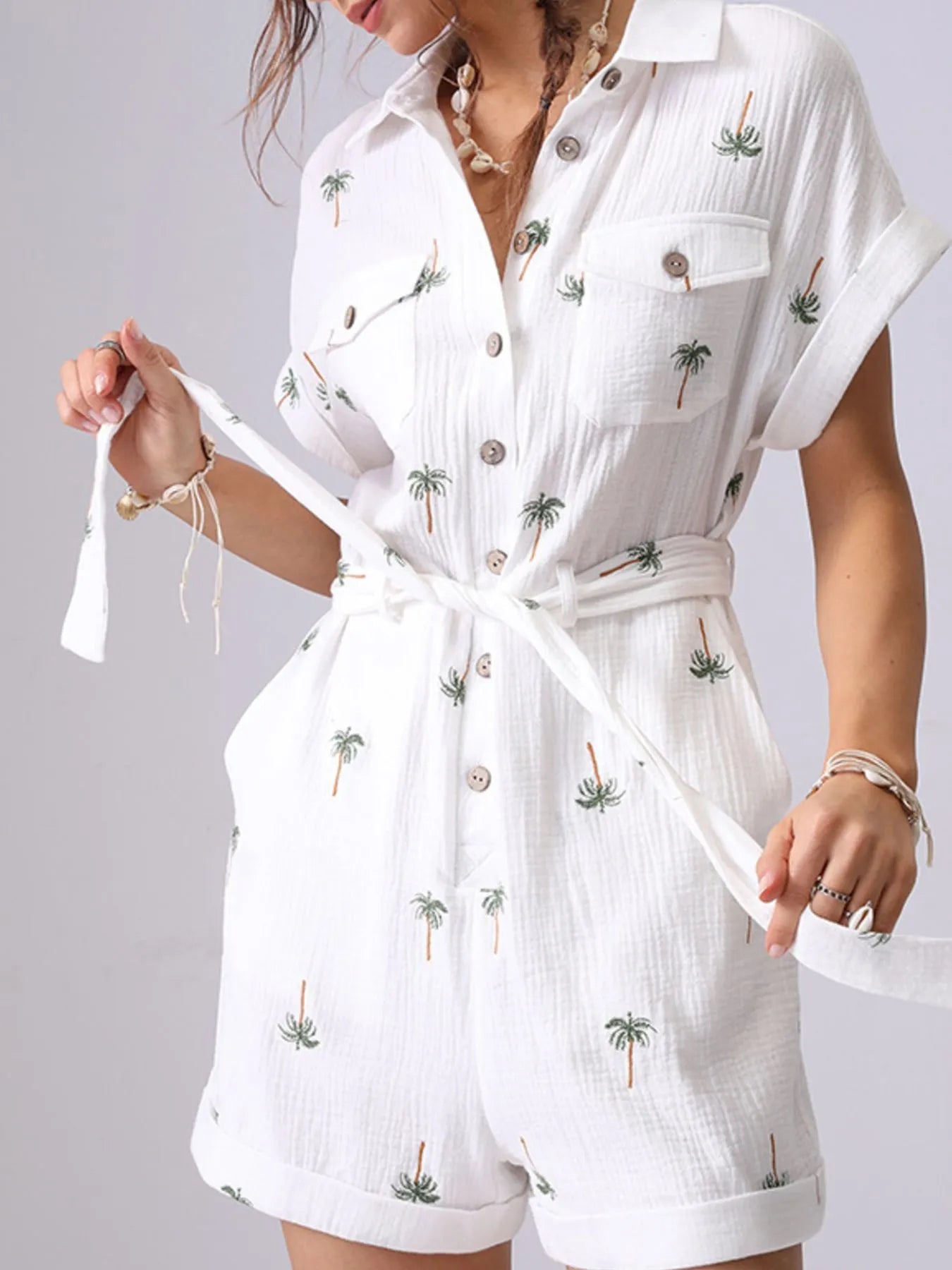 Palm Tree Print Short Sleeve Button-Up Romper with Belt - Fashorio