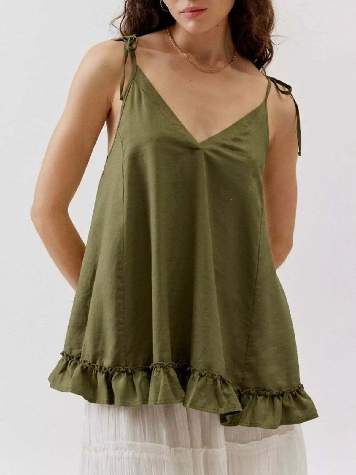 Tie strap ruffle hem cami styled view