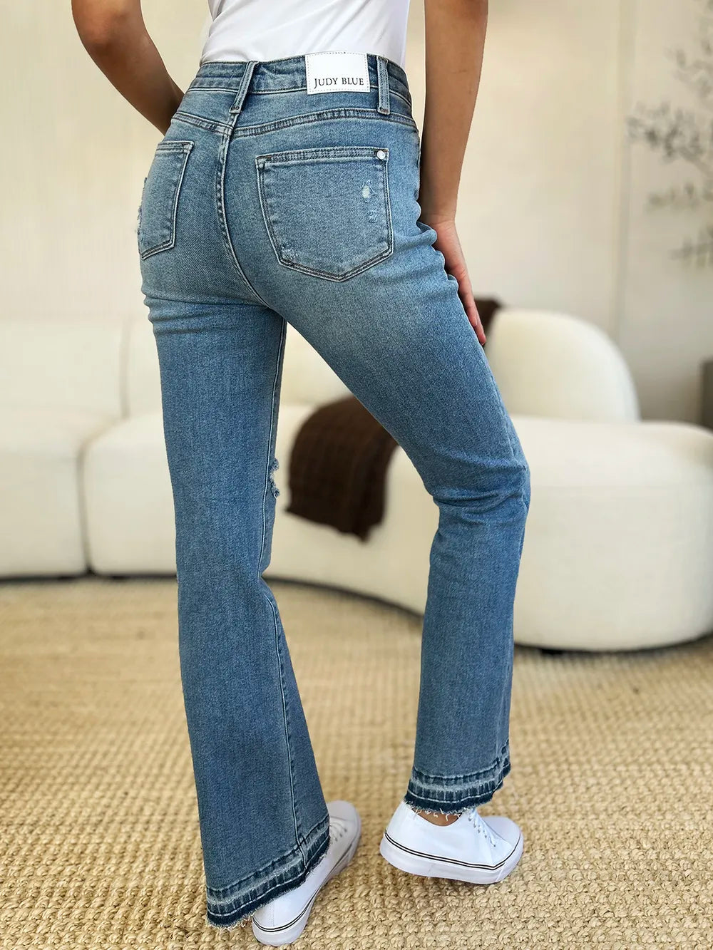 Judy Blue Mid Rise Destroyed Hem Distressed Jeans styled look