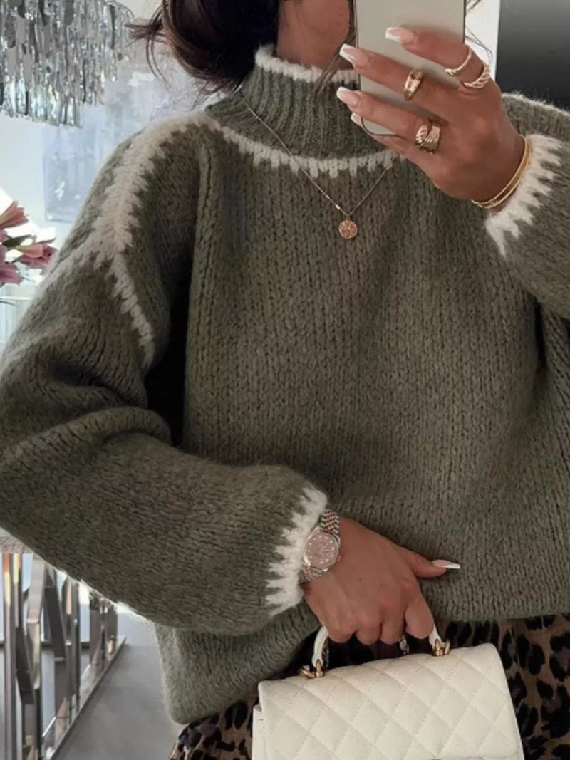 Contrast trim turtleneck sweater, front view