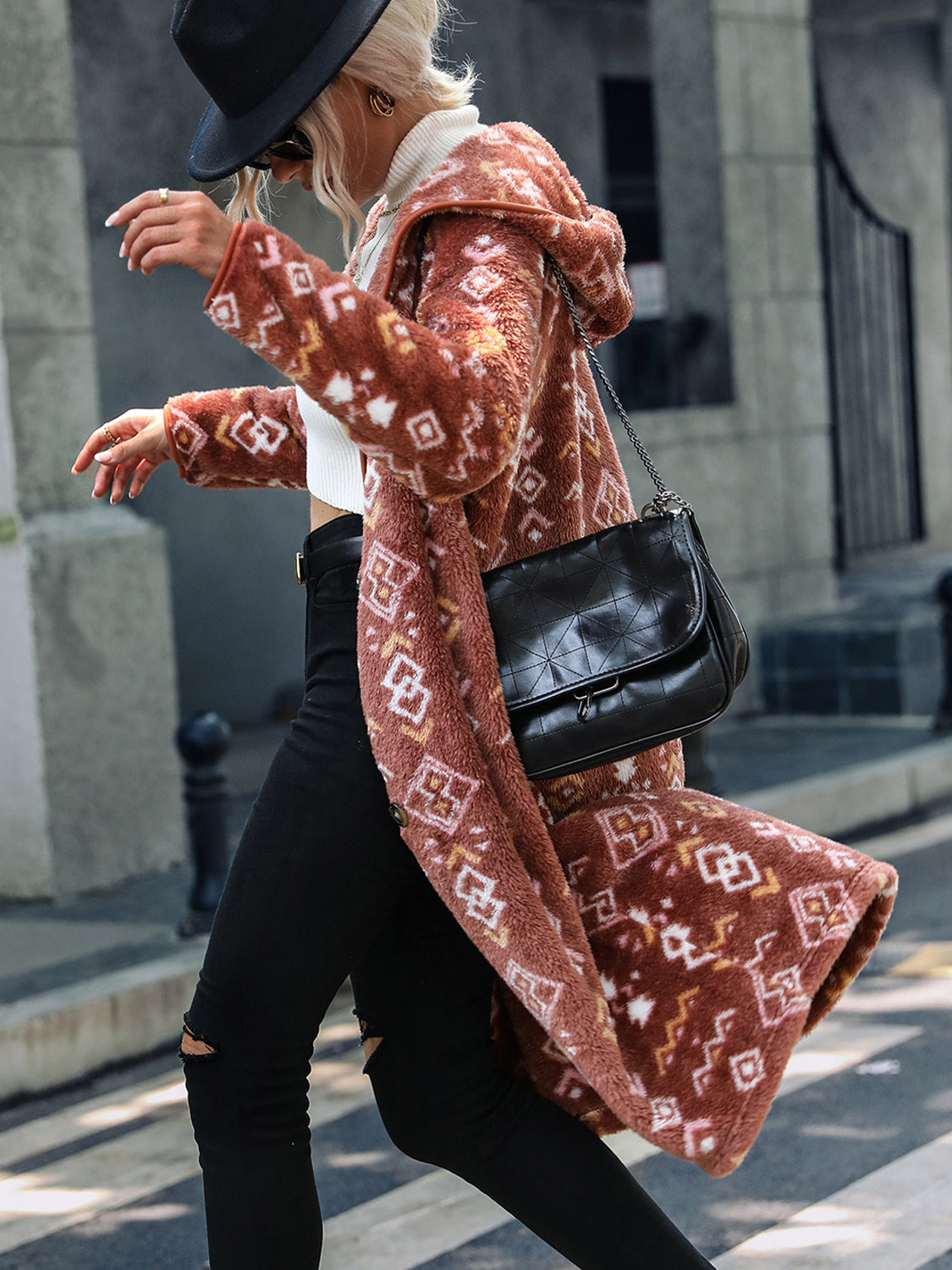 Geometric Button Down Hooded Fleece Coat - Fashorio
