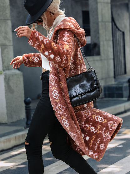 Geometric Button Down Hooded Fleece Coat - Fashorio