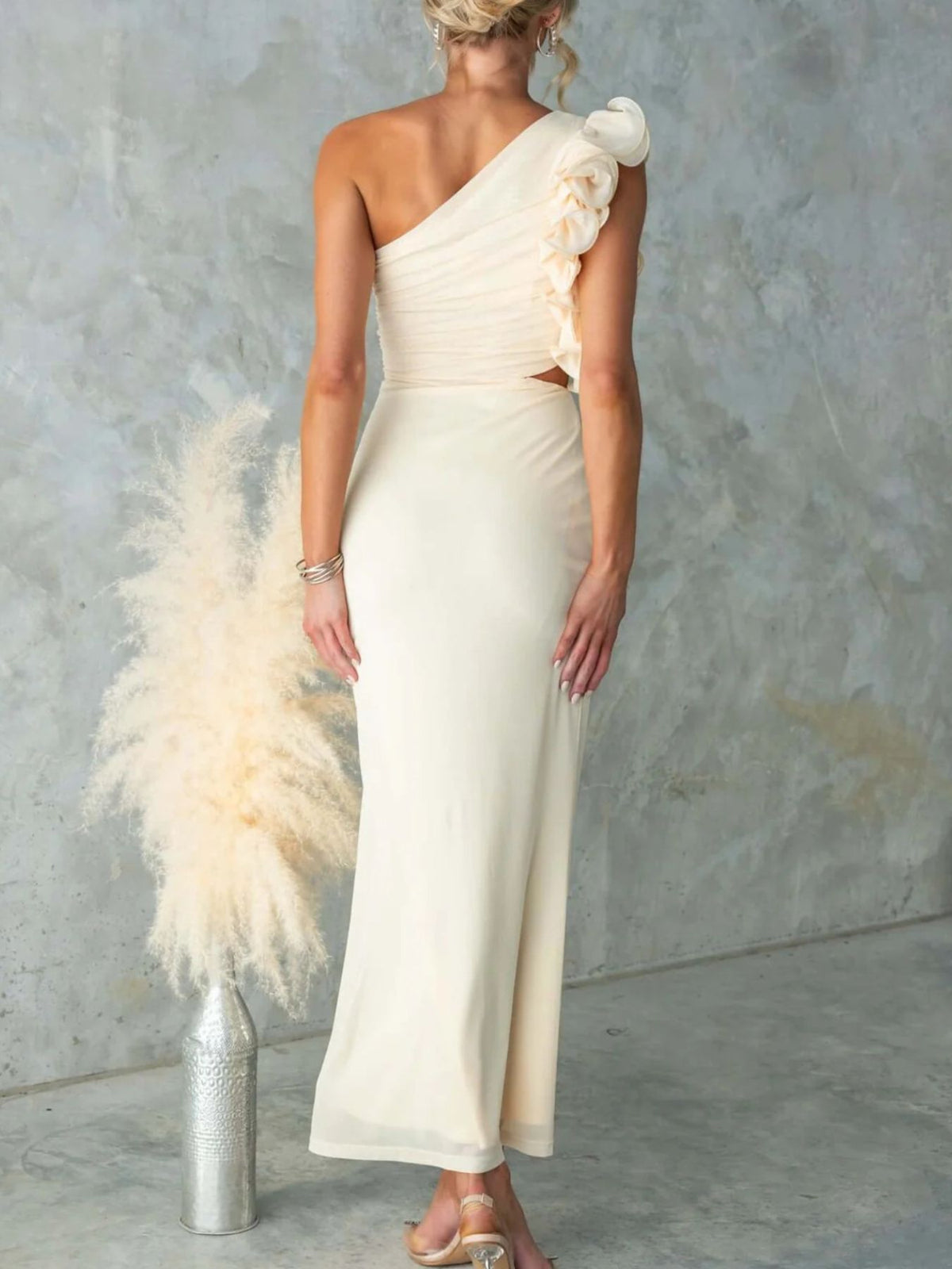 One shoulder floral trim sleeveless maxi dress close up of the neckline