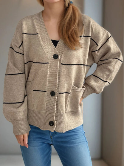 Striped Button Down V-Neck Long Sleeve Cardigan - Fashorio