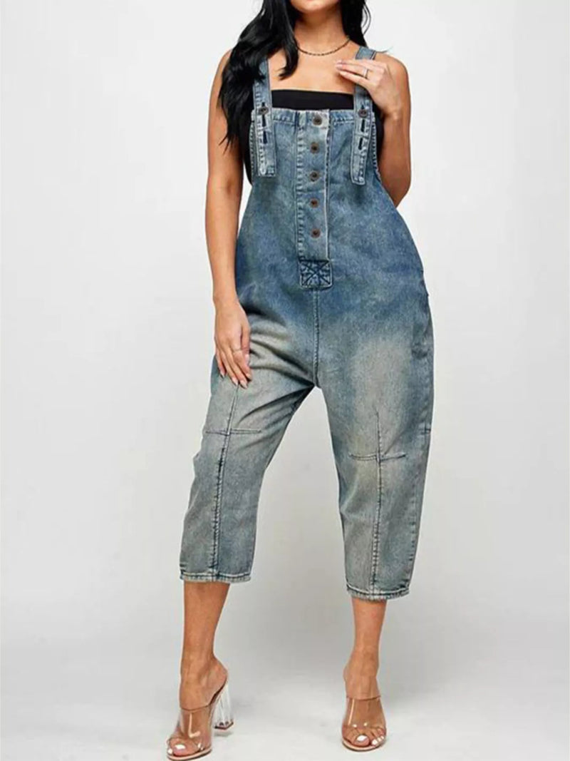 Button front denim overalls plus size front view