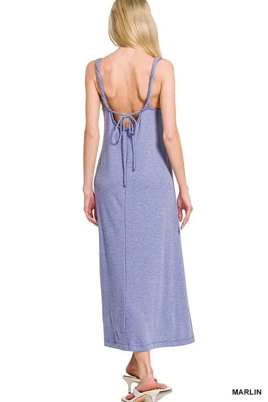 French Terry Twist Strap Midi Dress in Marlin Blue back view
