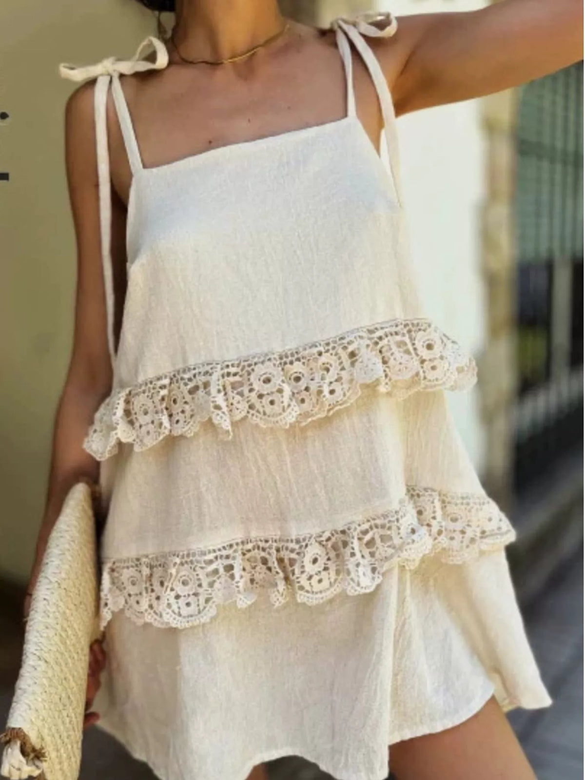 Close up of the lace trim and tie detail
