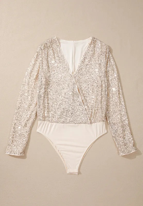 Sequin Surplice Long Sleeve Bodysuit - Fashorio
