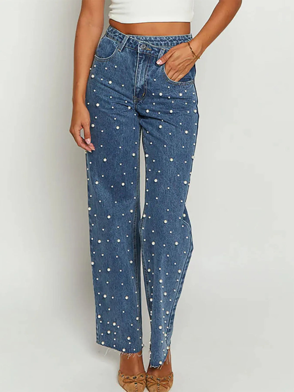 Blue straight leg jeans pearl detail close up