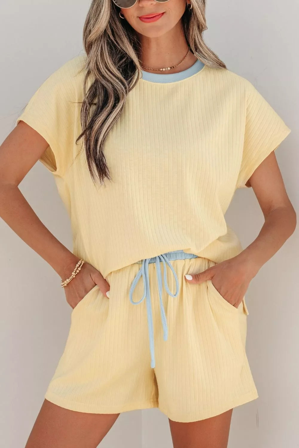 Pastel yellow matching ribbed top and shorts set detail