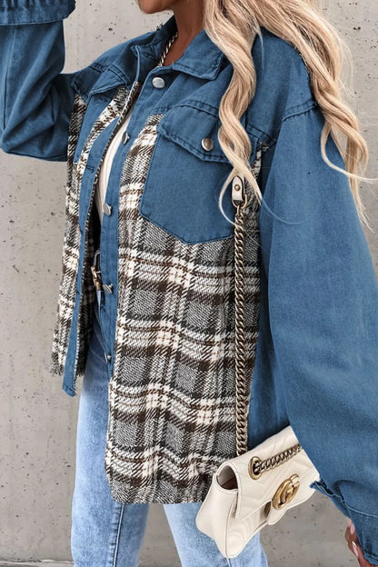 Plaid Pocketed Button Up Denim Jacket - Fashorio