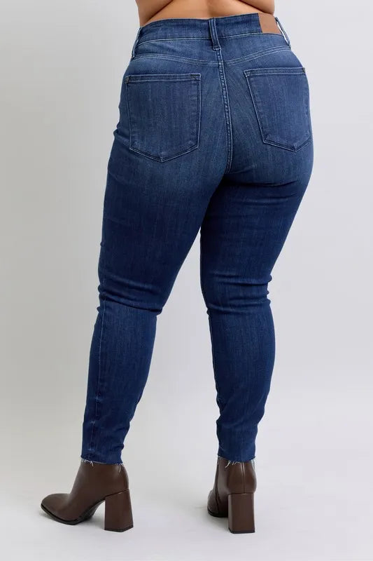Judy Blue Plus Size Mid Rise Skinny Jeans – Raw Hem Denim - Fashorio