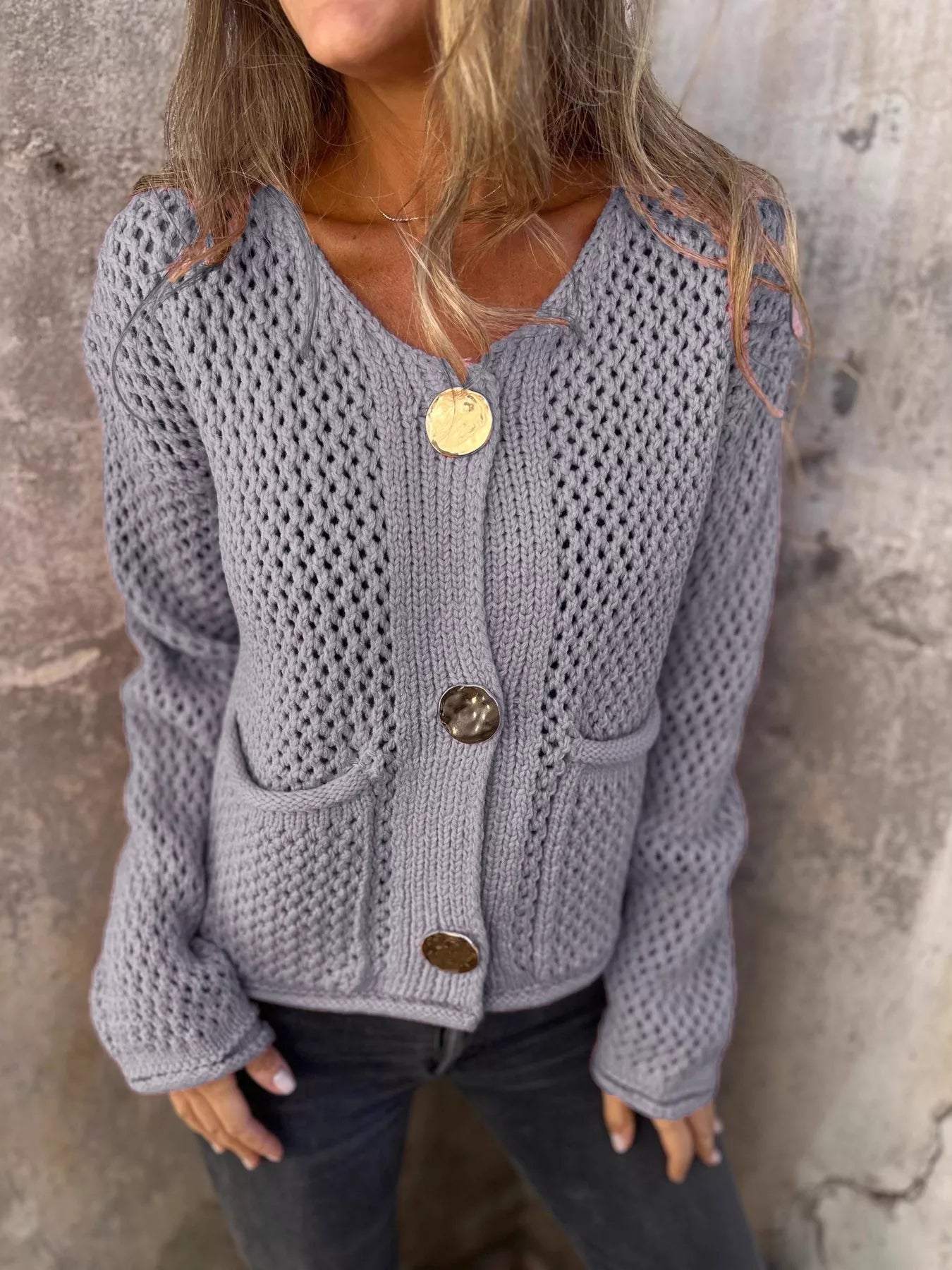 Crochet Button Up Long Sleeve Cardigan Gray - Fashorio