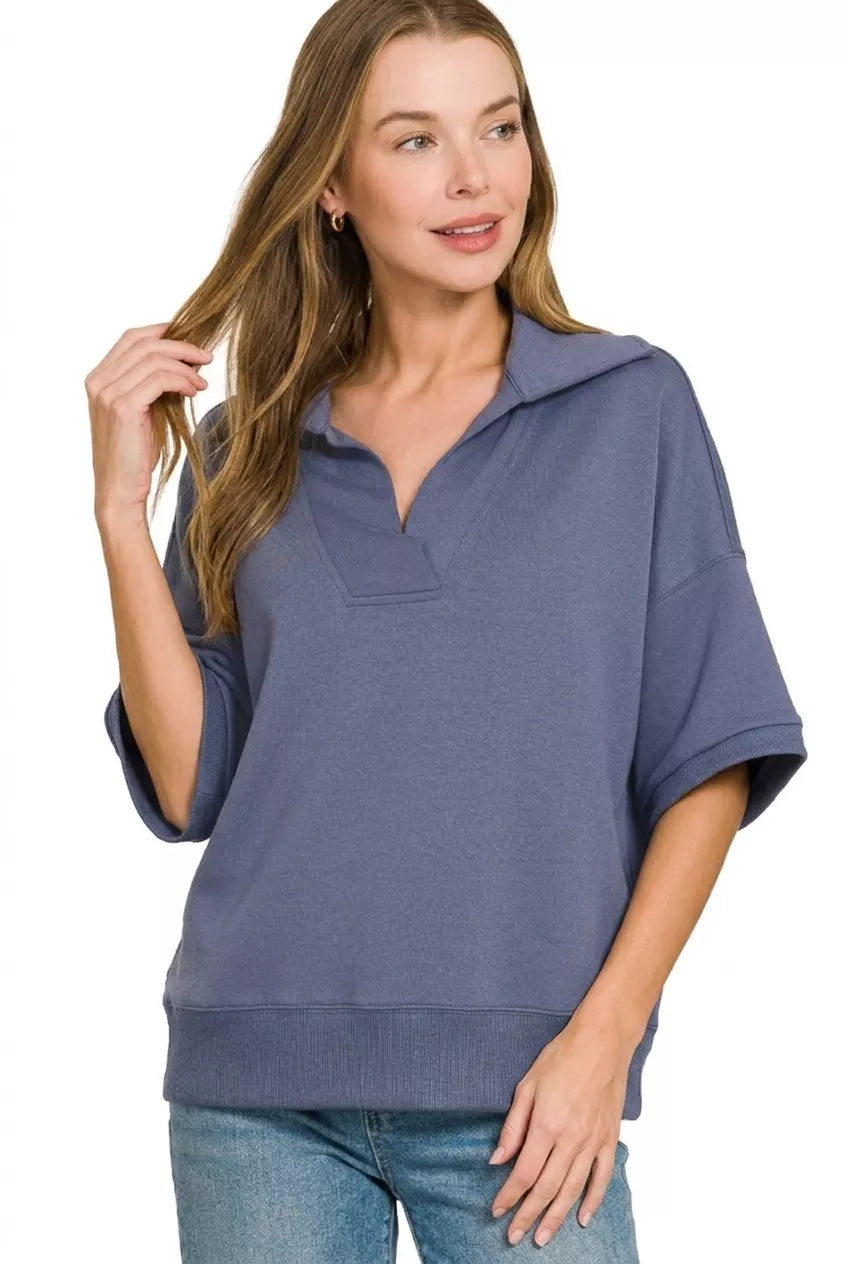 Blue indigo polo collar pullover detail