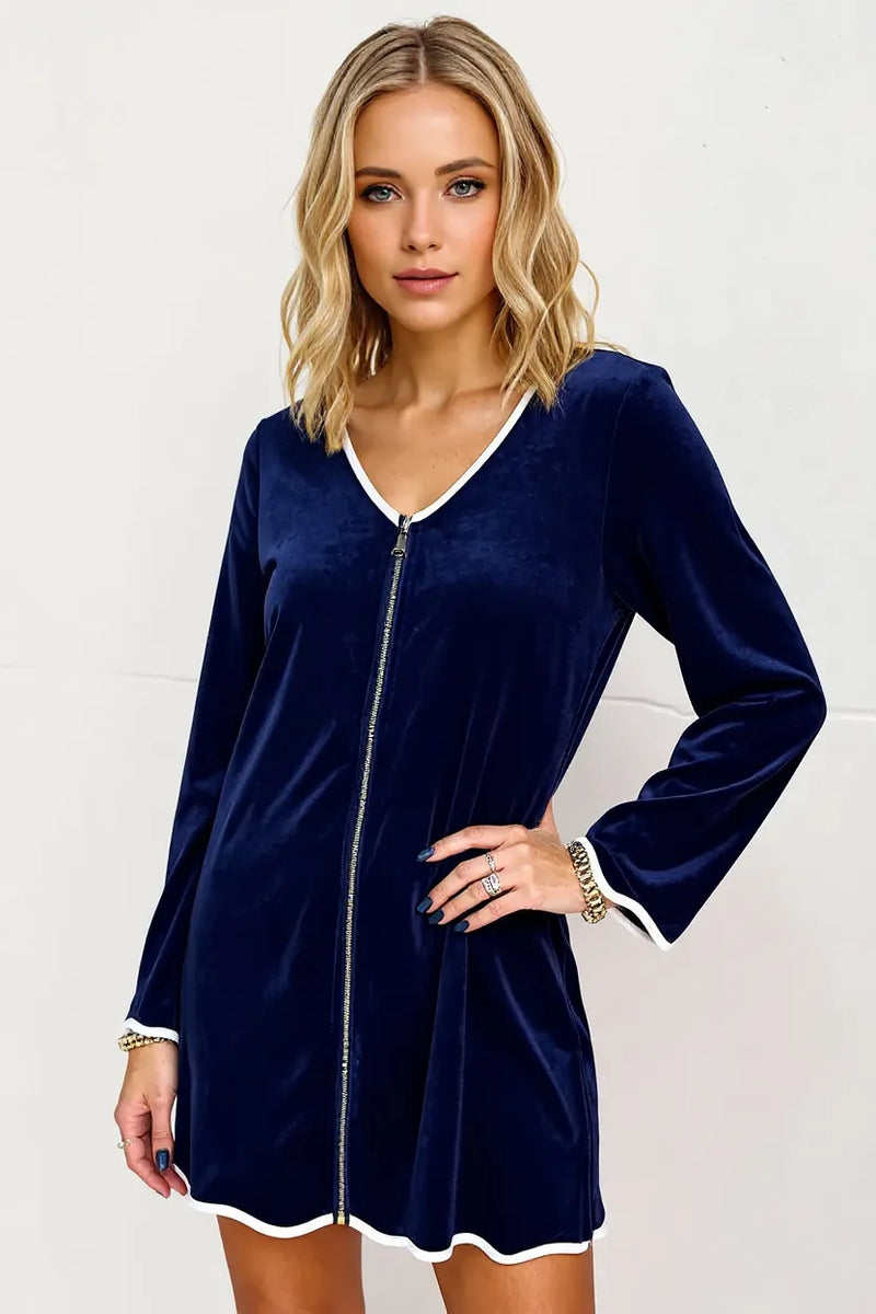 Double Take wave contrast trim zip up mini dress front view