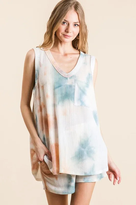 BiBi Tie Dye Textured Knit Top and Shorts Set - Fashorio