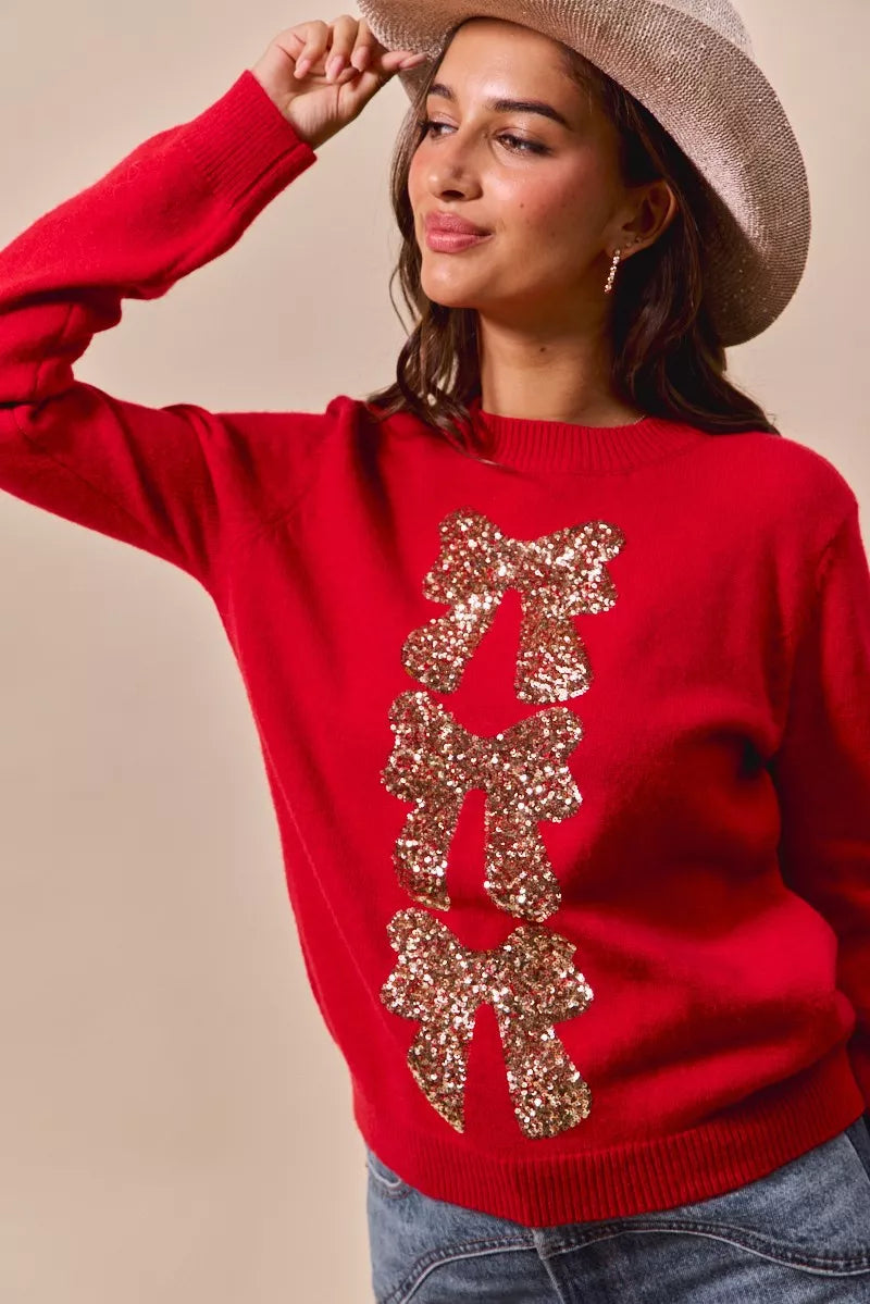 Sequin Bow Ribbon Christmas Sweater in Red and Gold view 7