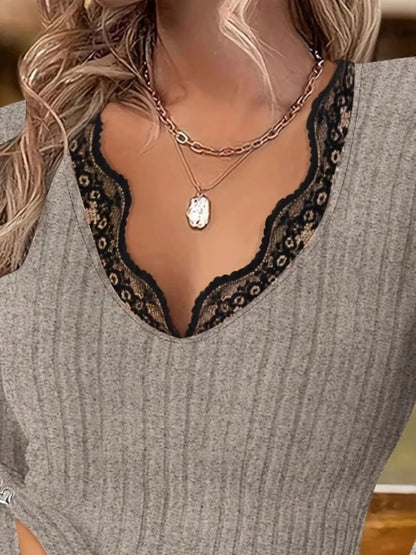 Full Size Ribbed V-Neck Lace Trim Long Sleeve T-Shirt Plus Size - Fashorio