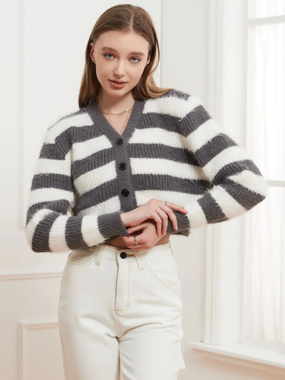 Button Down V-Neck Striped Cardigan - Fashorio