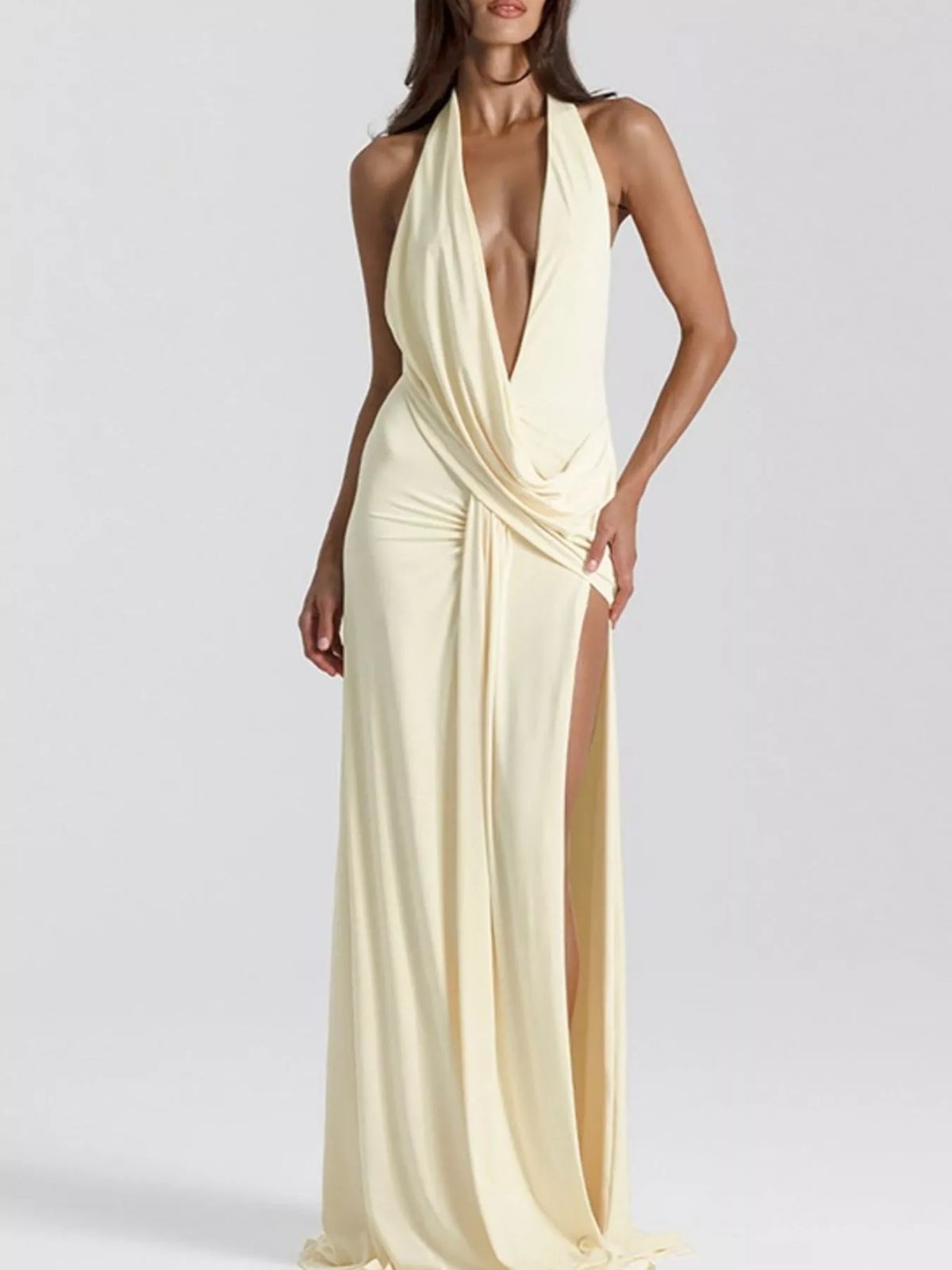 Sable halter dress styled with heels
