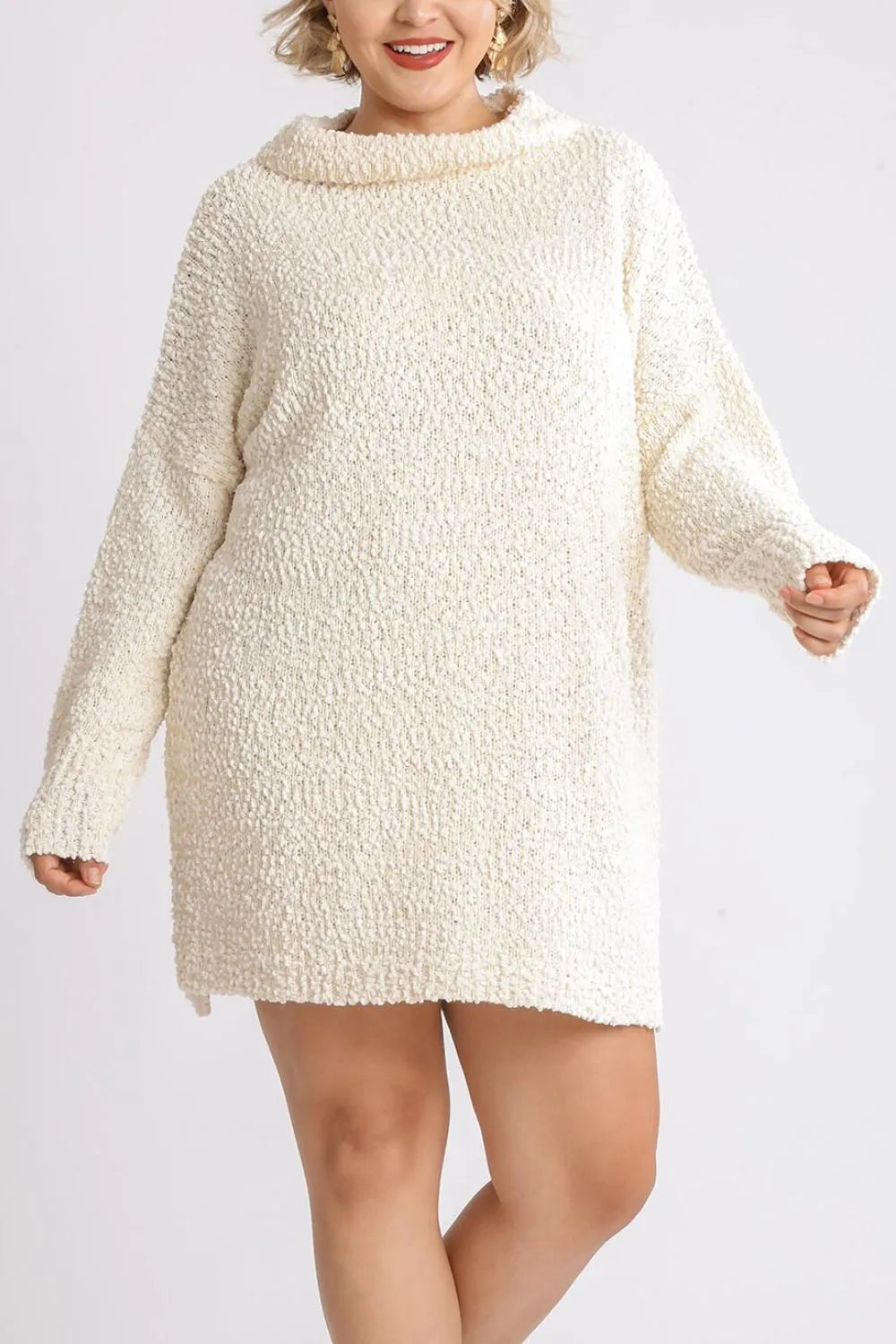 High Low Boucle Long Sleeve Sweater Dress Plus Size in Cream detail