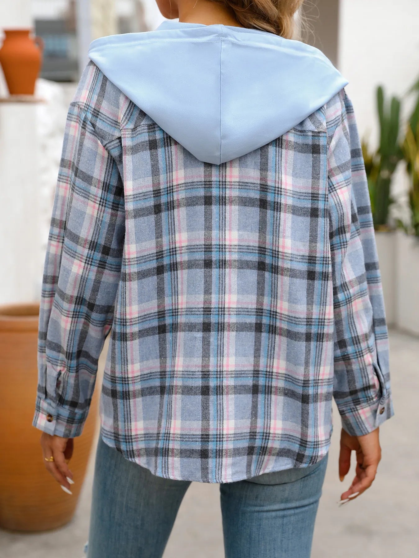 Plaid Button-Up Hooded Shirt - Fashorio
