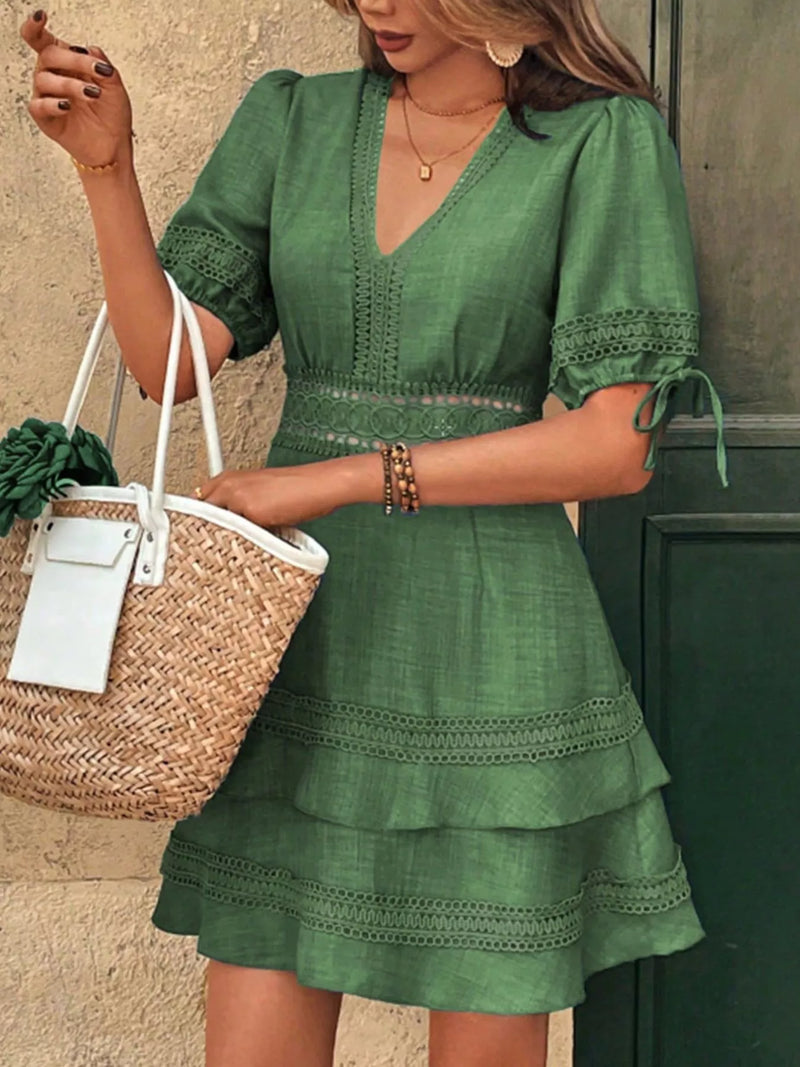Lace detail V neck ruffled dress front view