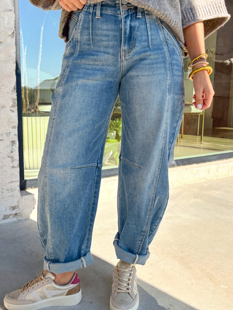 Washed cuffed barrel leg jeans front view