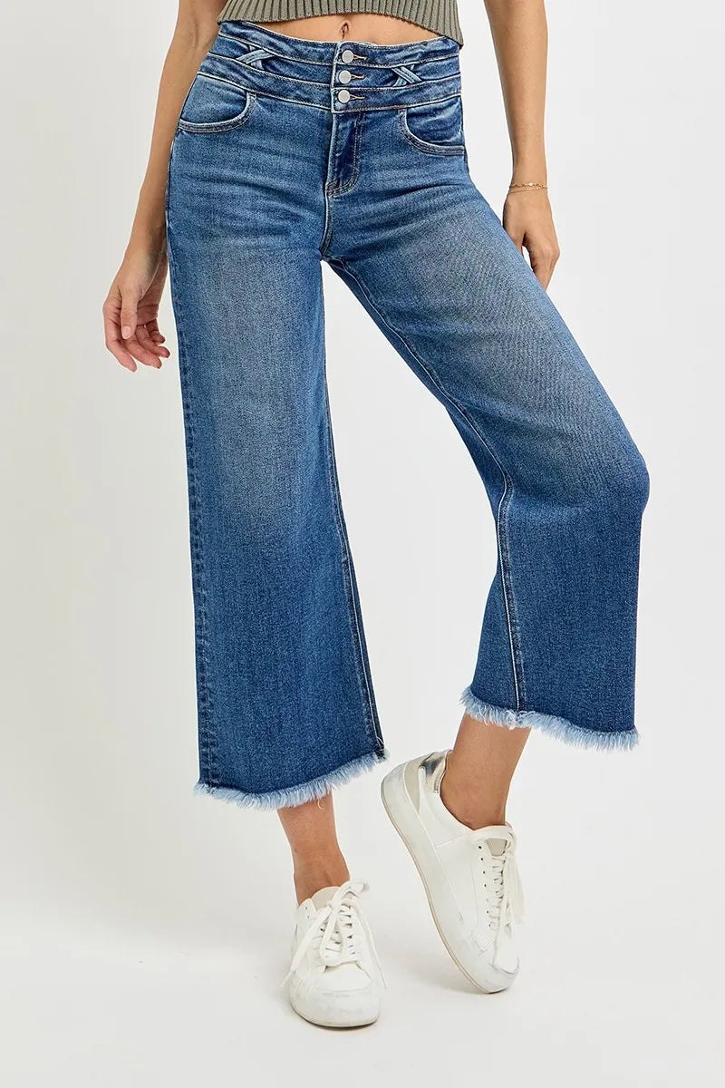 RISEN High Rise Crop Wide Leg Jeans with Wide Band Detail - Fashorio