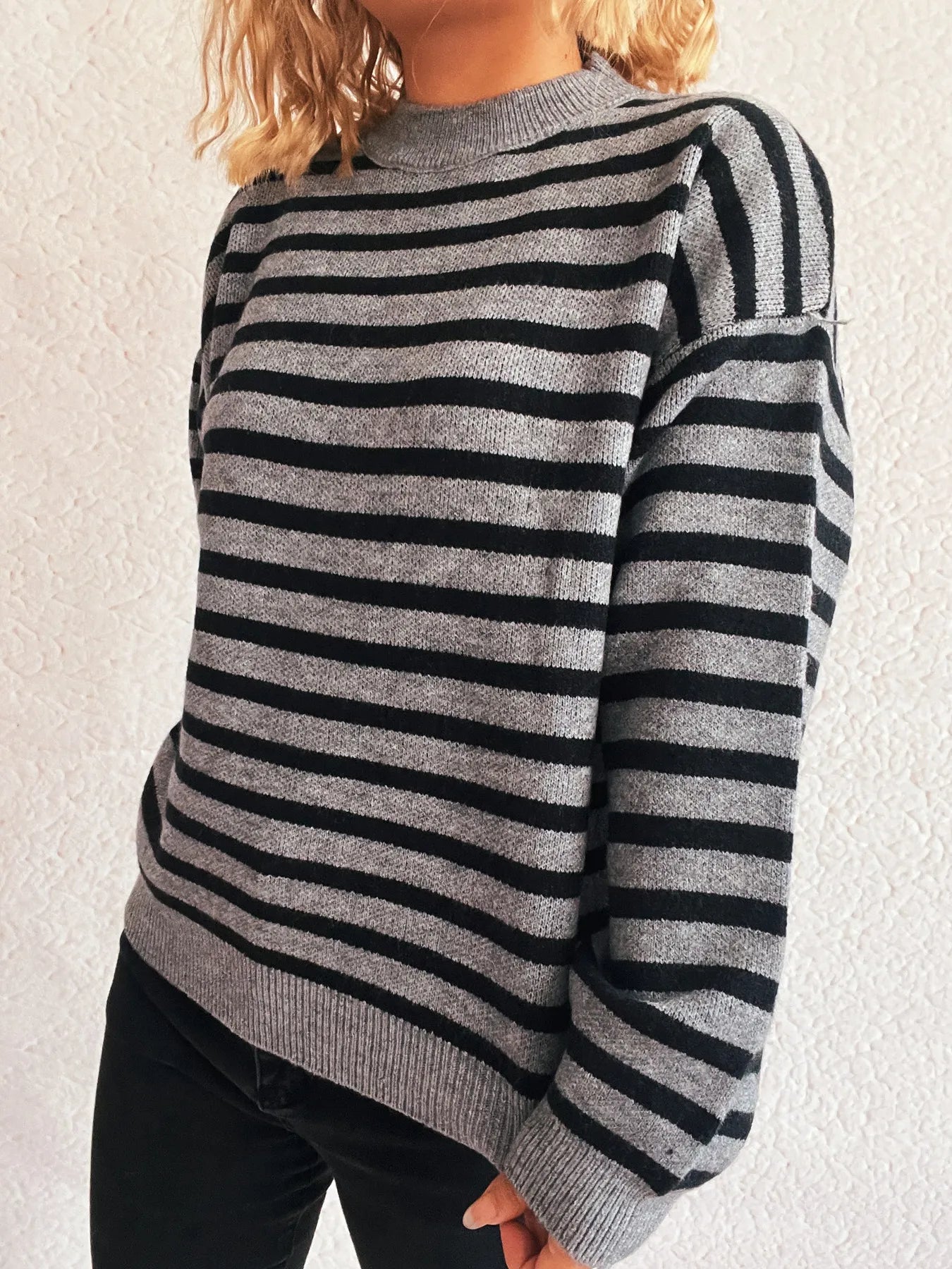 Striped Mock Neck Long Sleeve Sweater - Fashorio