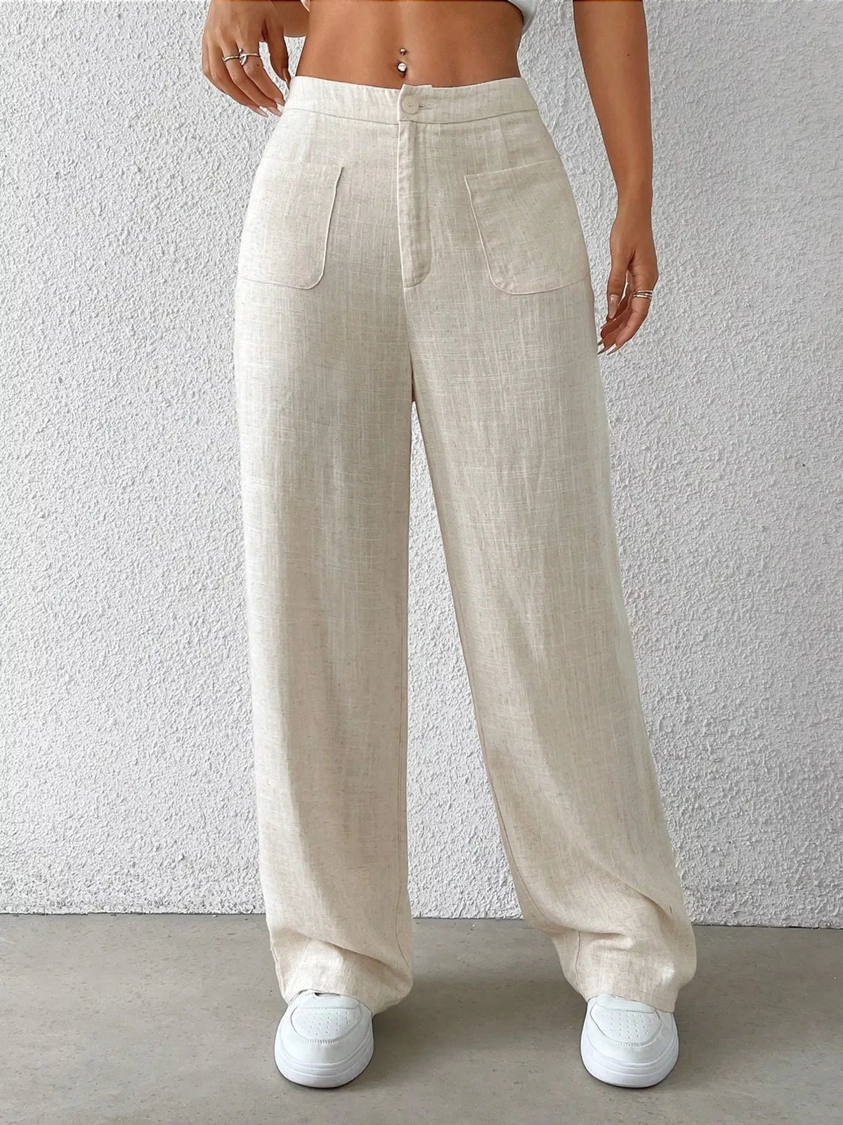 Cream high waisted wide leg linen blend pants front view