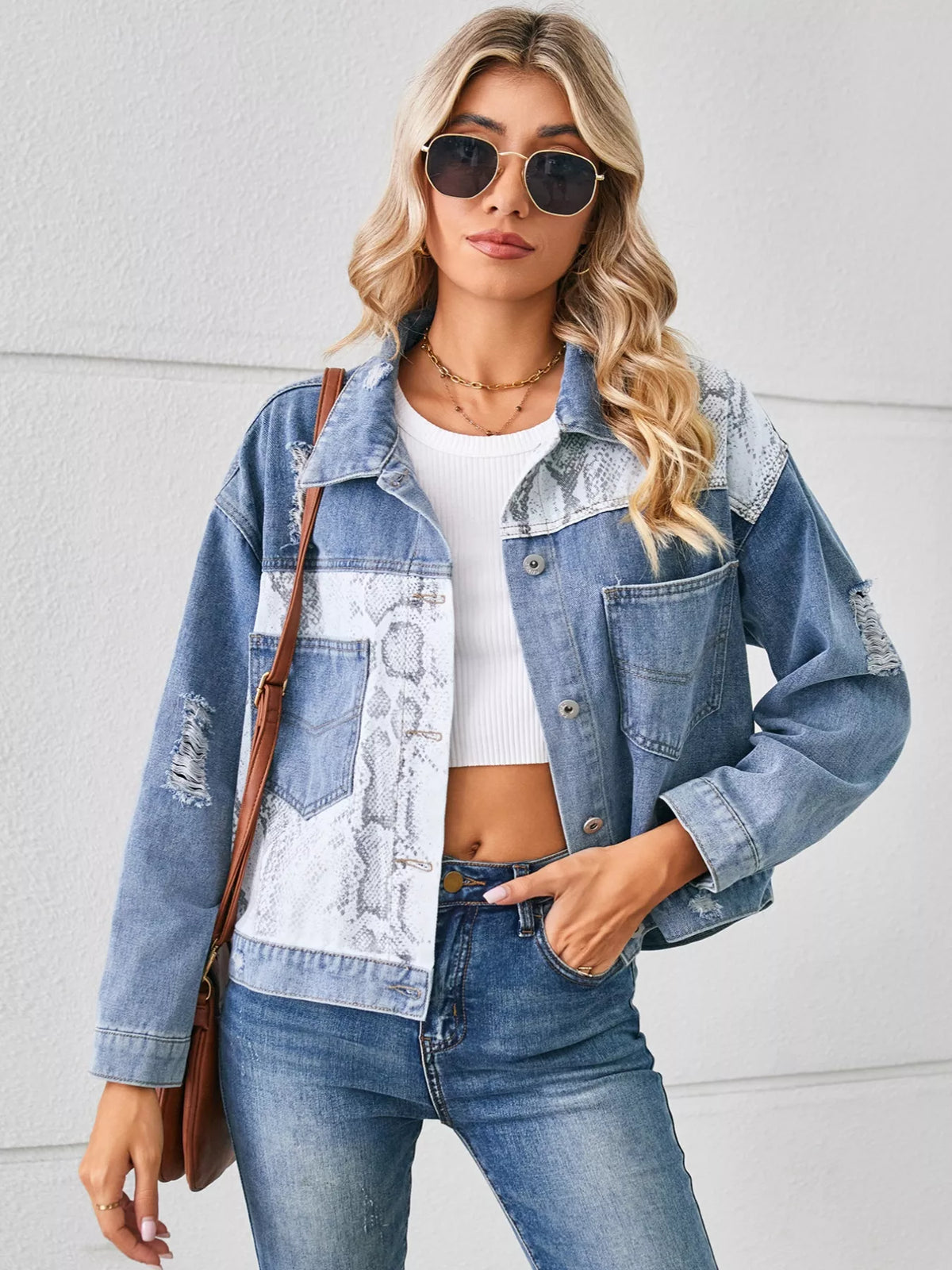 Snake Print Button Up Denim Jacket detail