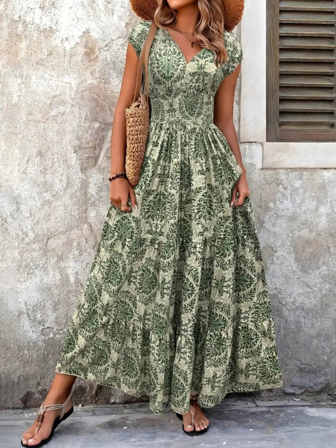 Vintage floral cap sleeve maxi dress back view