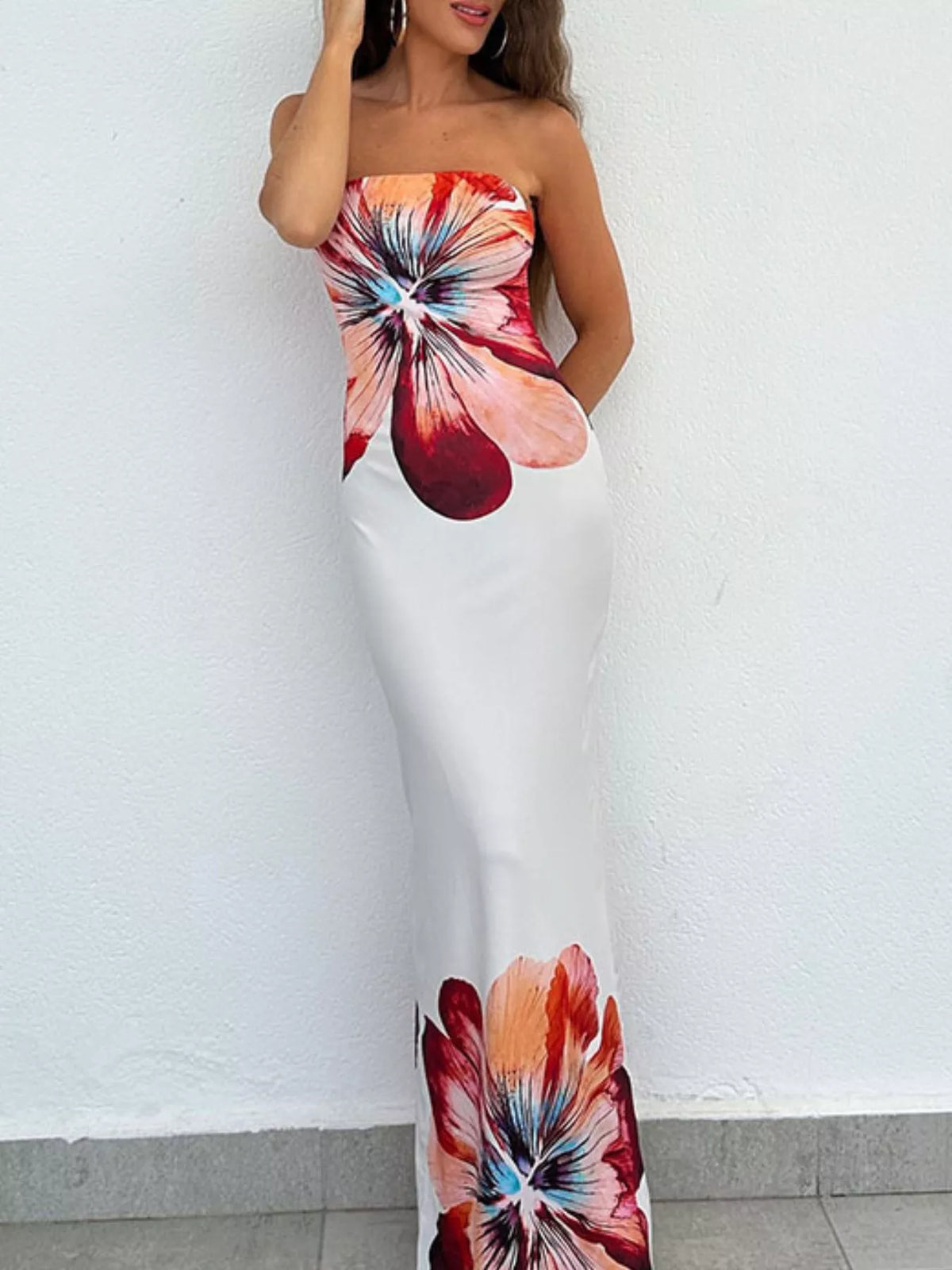floral strapless bodycon maxi dress side view