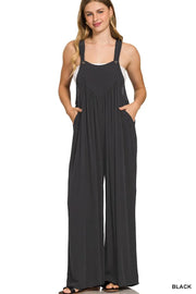 Zenana Woven Rayon Crepe Wide Leg Overalls BLACK - Fashorio
