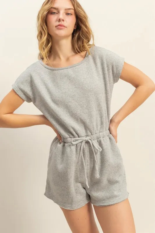 Round Neck Short Sleeve Drawstring Waist Romper