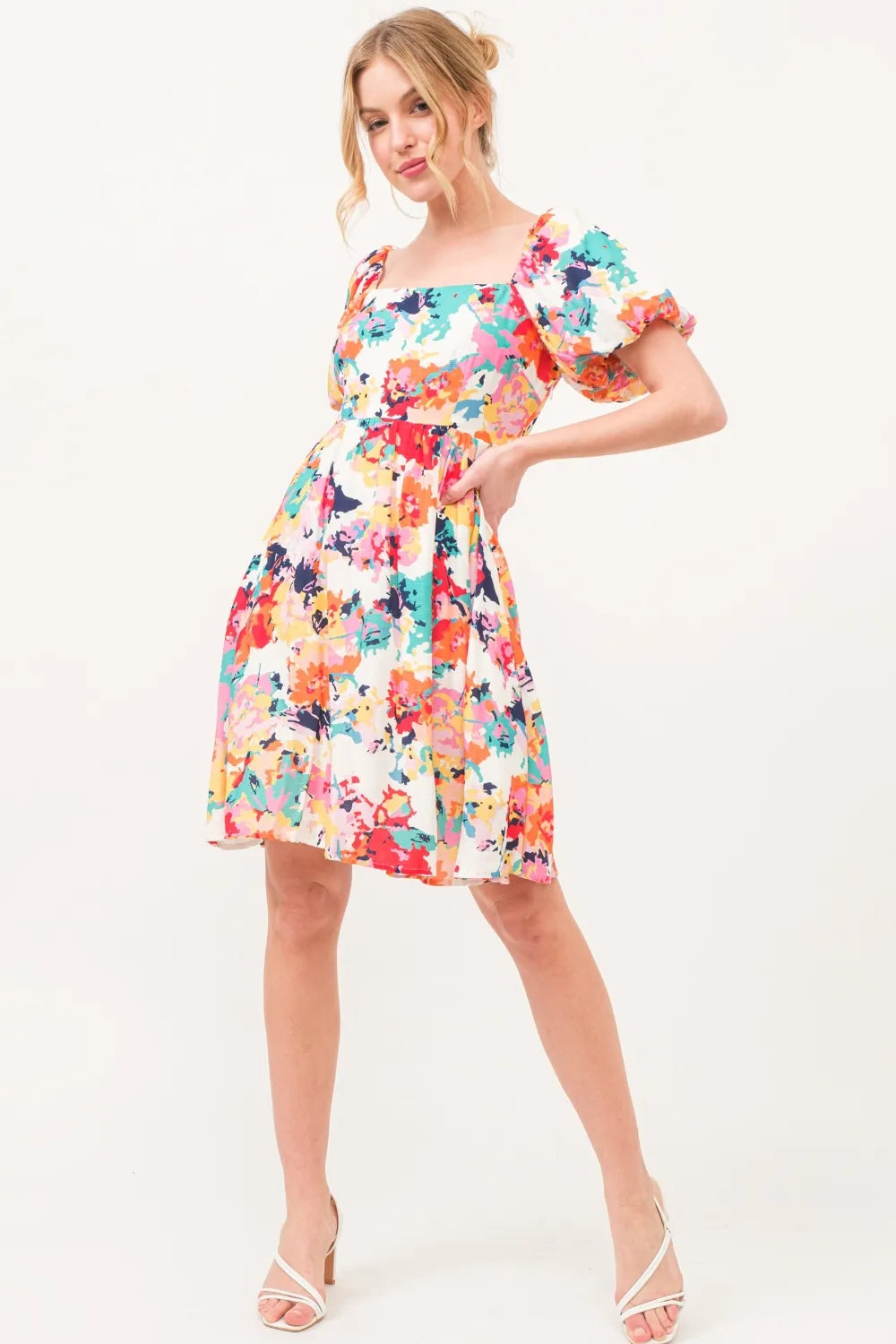 Square Neck Puff Sleeve Floral Dress detail