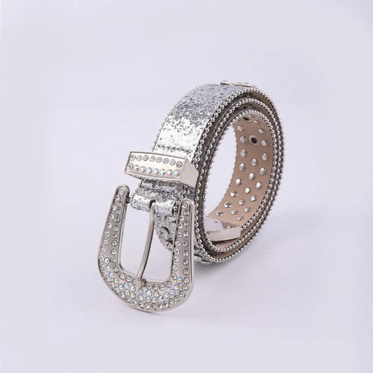PU Leather Rhinestone Belt Silver - Fashorio