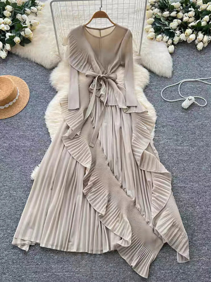 ruffle trim pleated midi dress front view